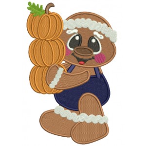 Cute Gingerbread Man Holding Three Pumpkins Thanksgiving Filled Machine Embroidery Design Digitized Pattern